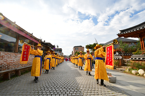 28 October 2017, The traditional band parade of a little bridegroom's wedding ceremony,  hosted by Jeonju Confucian School was held at Jeonju Hanok Village and Jeonju Confucian School in the Jeonju, South Korea.