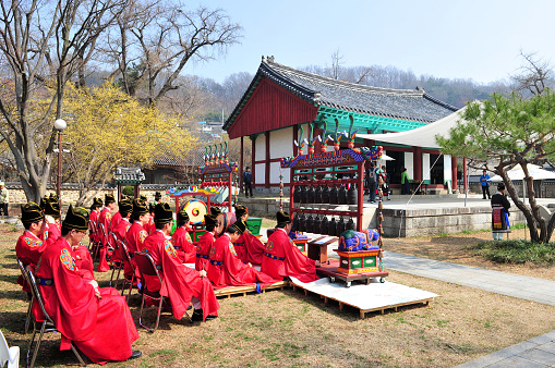 Jeonju Traditional Music Group playing the ancestral ritual music at Jeonju Confucian school Seokjeondaeje in Jeonju, South Korea, on 26 March 2018