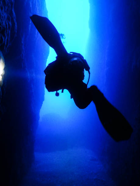 istock Scuba Diver passing through the underwater chimney 1026378480