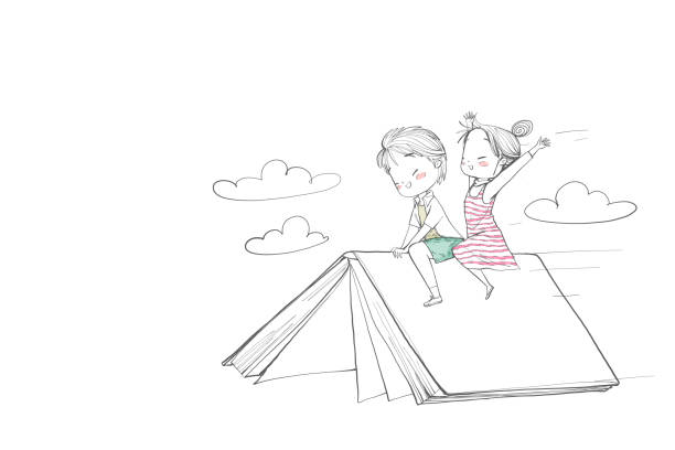 ilustrações de stock, clip art, desenhos animados e ícones de cute childrens boy and girl riding a book. - voar ilustrações