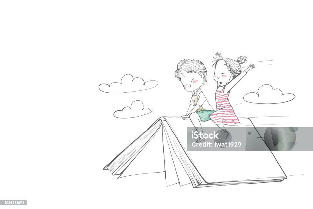 Cute childrens boy and girl riding a book. Cute children boy and girl riding a book. They are flying above the sky laugh and happy. Vector Illustration hand drawn. Child stock vector