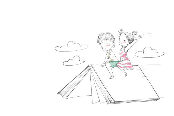 Cute childrens boy and girl riding a book. Cute children boy and girl riding a book. They are flying above the sky laugh and happy. Vector Illustration hand drawn. boy and girl reading stock illustrations