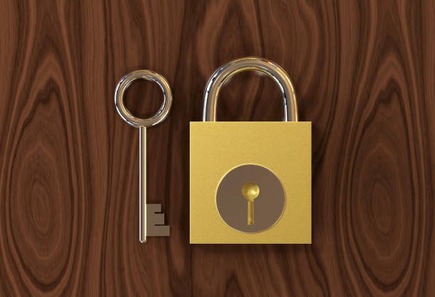 istock Lock and Key on wooden background,3d illustration 1026387422