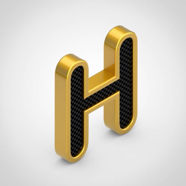 황금 편지 검은 탄소 섬유와 대문자 h 질감 흰색 배경에 고립 된 얼굴. - letter h alphabet metal three dimensional shape 뉴스 사진 이미지