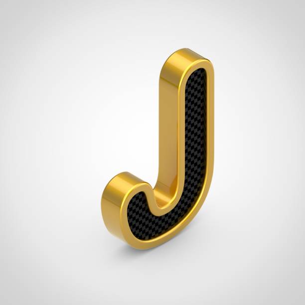 黄金の手紙 j 黒炭素繊維と大文字の顔テクスチャは、白い背景で隔離。 - letter j alphabet metal three dimensional shape ストックフォトと画像