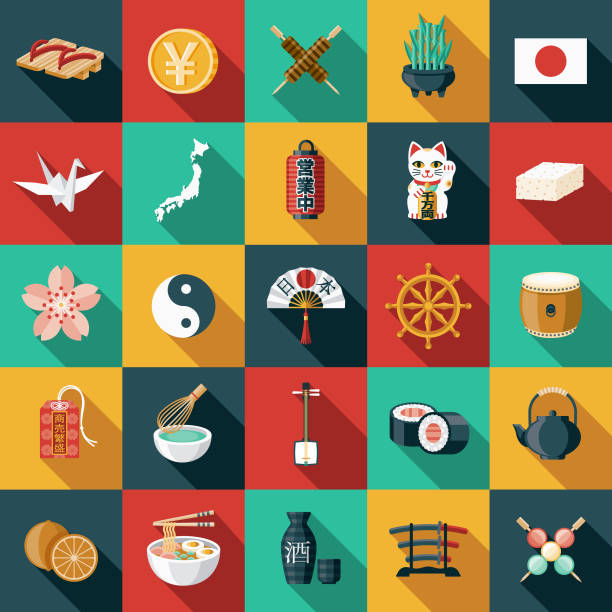 japan-flaches design-icon-set - winkekatze stock-grafiken, -clipart, -cartoons und -symbole