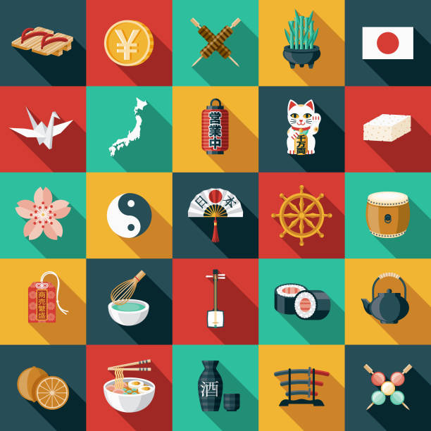 Japan Flat Design Icon Set A set of 25 Japanese icons. File is built in the CMYK color space for optimal printing, and can easily be converted to RGB. Color swatches are global for quick and easy color changes throughout the entire set of icons. maneki neko stock illustrations