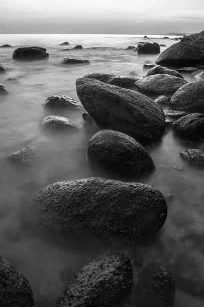 istock Rocky seashore in sunset black and white 1026400704