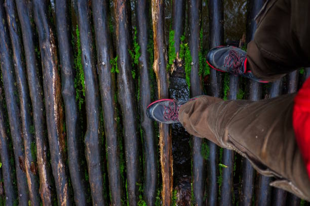 leg of men walking on wood bridge