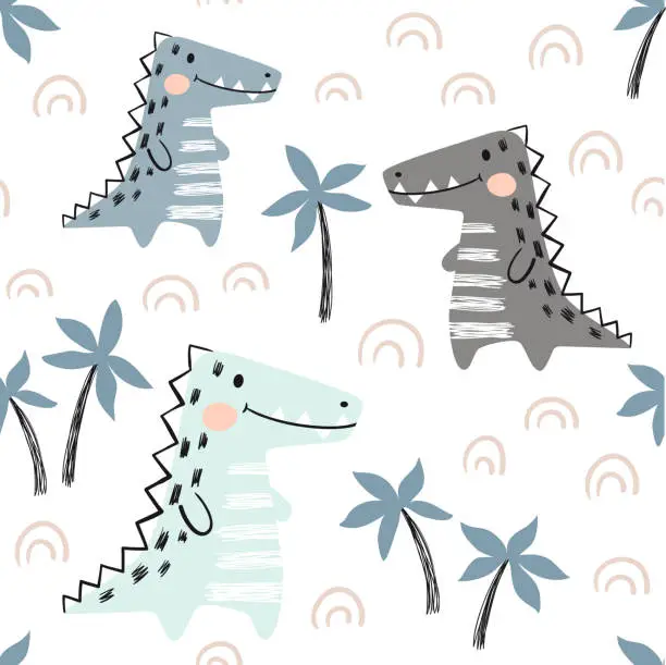 Vector illustration of Crocodile baby seamless pattern. Dinosaur scandinavian cute print