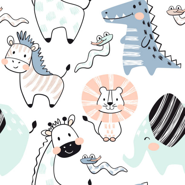 ライオン、キリン、ゾウ、ワニ、ゼブラ、ヘビ��の赤ちゃんシームレス パターン。北欧のかわいいプリント - giraffe print点のイラスト素材／クリップアート素材／マンガ素材／アイコン素材
