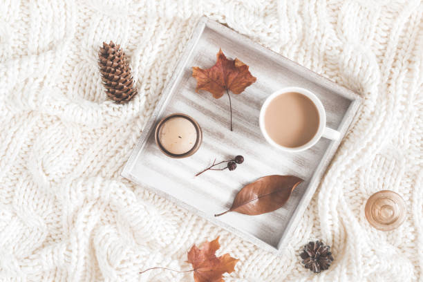 istock Autumn composition. Cup of coffee, blanket, dried autumn leaves on white background. Flat lay, top view 1026406708