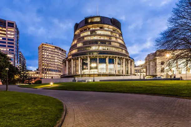 The Beehive, New Zealand's Parliament building, at twilight.