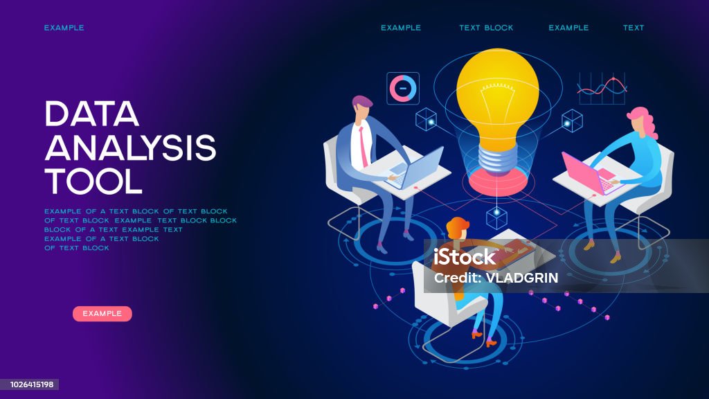 Data analysis tool Web Banner А team of people build a chart and graphs. Concept of the idea of innovative data analysis. Data analysis. Page template. 3d isometric illustration Brainstorming stock vector