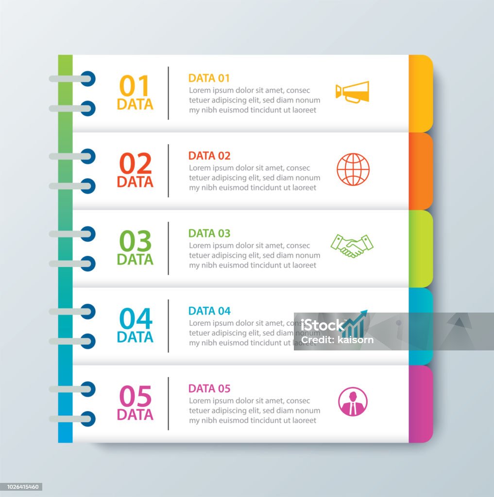 Infographics tab in horizontal paper index with 5 data template. Vector illustration abstract notebook background. Can be used for workflow layout, business step, banner, web design. Personal Organizer stock vector