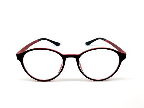 Red-black color eyeglasses isolated for model icons on white background.