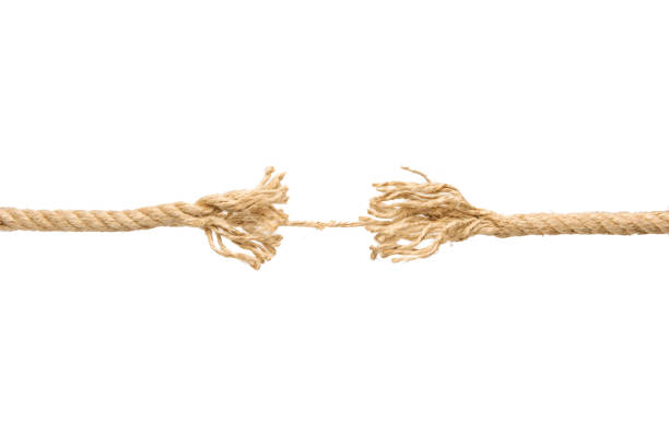 rope frayed in tension isolated on white background - at the end of your rope imagens e fotografias de stock