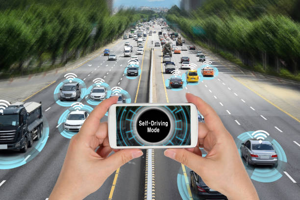 istock Automobile concept that connects with smart phone and autonomously drives the road 1026423488