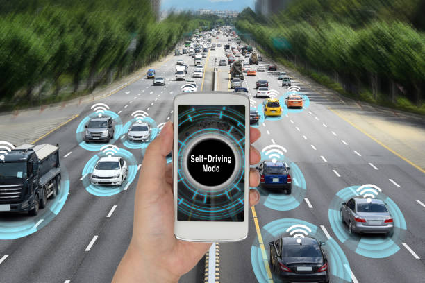 istock Automobile concept that connects with smart phone and autonomously drives the road 1026423570