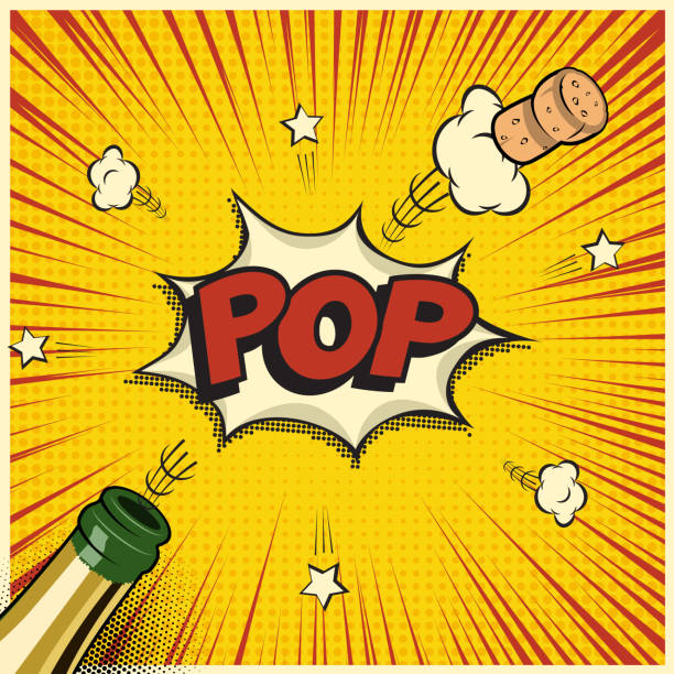 ilustraciones, imágenes clip art, dibujos animados e iconos de stock de botella de champagne con corcho y pop palabra de vuelo. elemento de vector vacaciones en estilo manga o cómic. - champagne cork isolated single object