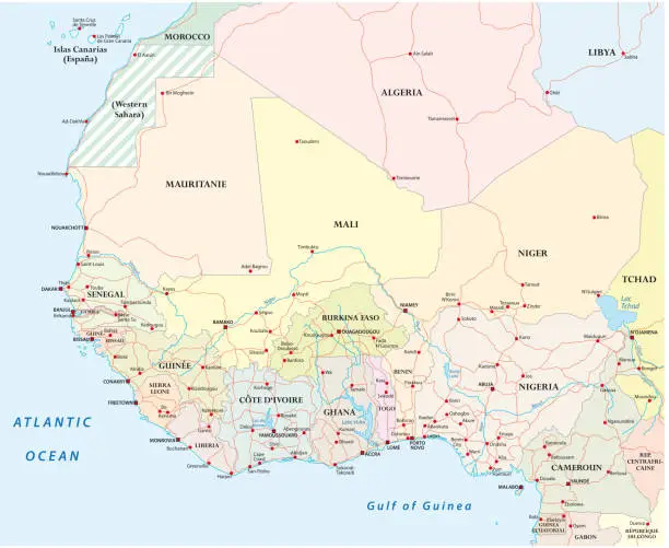 Vector illustration of Detailed road map of the countries of West Africa with capital cities