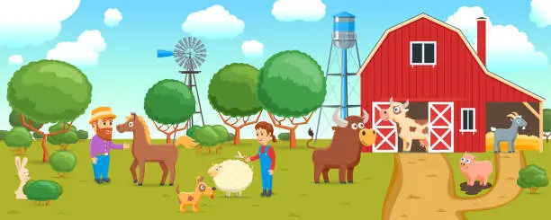 Vector illustration of cartoon animals on  farm banner