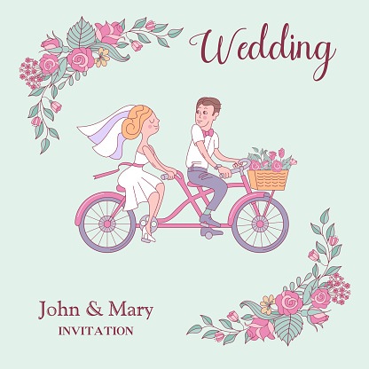 Happy weddings. Vector illustration. The bride and groom ride a bike. Wedding card, wedding invitation.