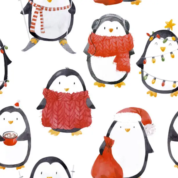 Vector illustration of Watercolor christmas baby penguin vector pattern