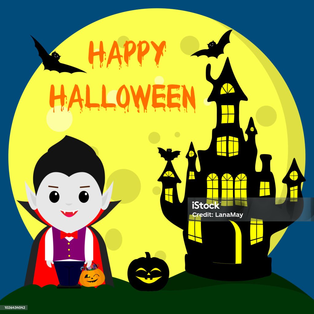 Ilustración de Feliz Halloween El Vampiro En El Estilo De Los Dibujos Animados Se Encuentra Junto Al Castillo En El Fondo De La Luna En La Noche Es Una Calabaza Con Dulces Ilustración de Feliz Halloween El Vampiro En El Estilo De Los Dibujos Animados Se Encuentra Junto Al Castillo En El Fondo De La Luna En La Noche Es Una Calabaza Con Dulces