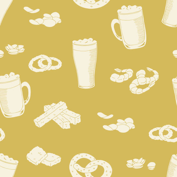 맥주 유리 그래픽 색상 완벽 한 패턴 배경 스케치 그림 벡터 - pistachio beer nuts nut backgrounds stock illustrations
