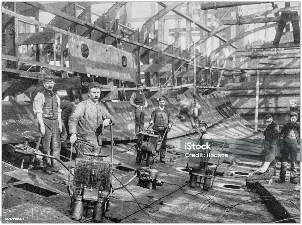 Navy and Army antique historical photographs: Construction of a cruiser in the Naval Construction and Armaments Company, Barrow Archival stock illustration