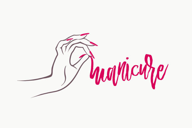 ilustraciones, imágenes clip art, dibujos animados e iconos de stock de mano de mujer hermosa con elegante esmalte rojo de uñas manicura - salón de belleza para manicura