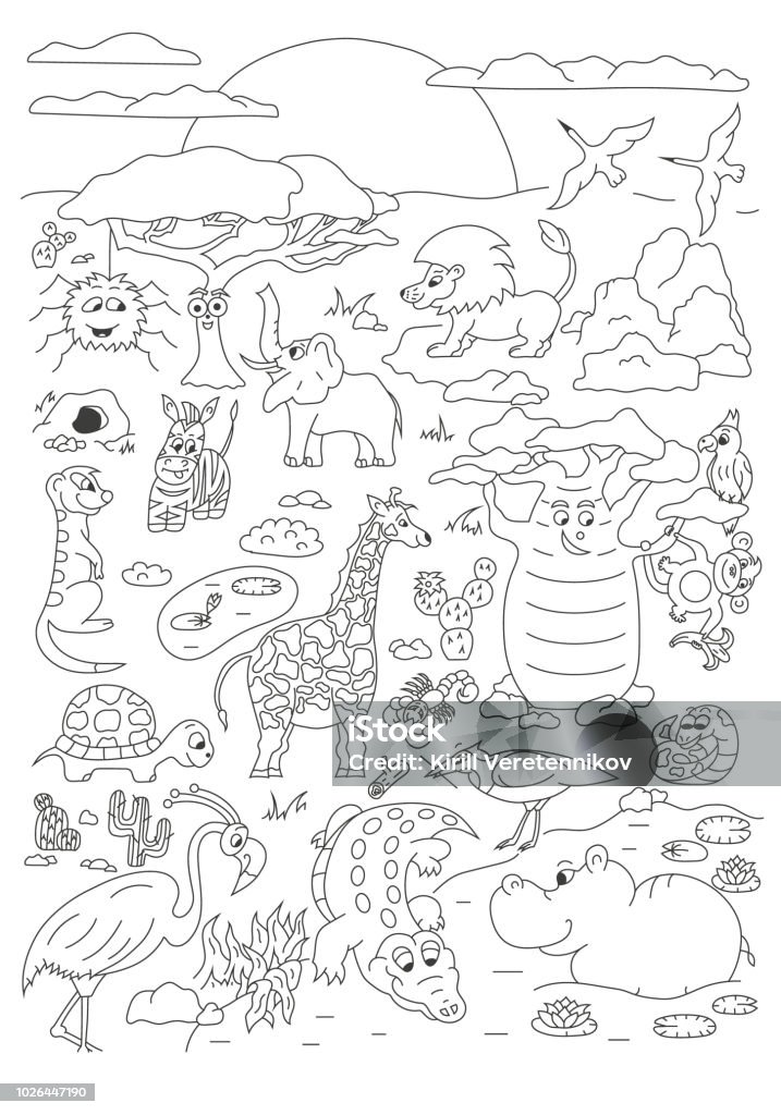 Coloring hand drawn page with cute savanna animals vector Baobab Tree stock vector