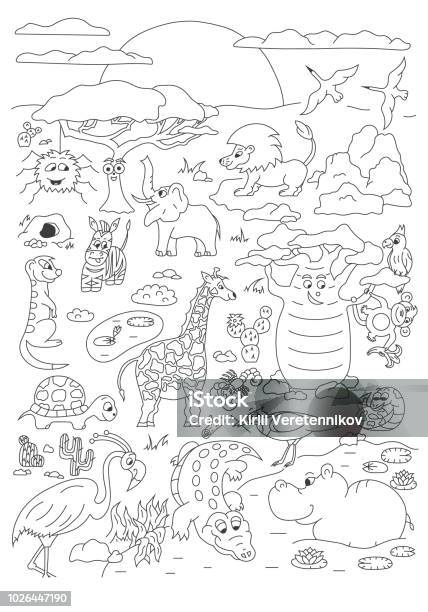 Coloring Hand Drawn Page With Cute Savanna Animals Vector Stock Illustration - Download Image Now