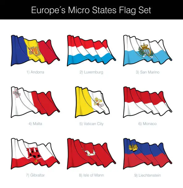 Vector illustration of Europe Micro States Waving Flag Set