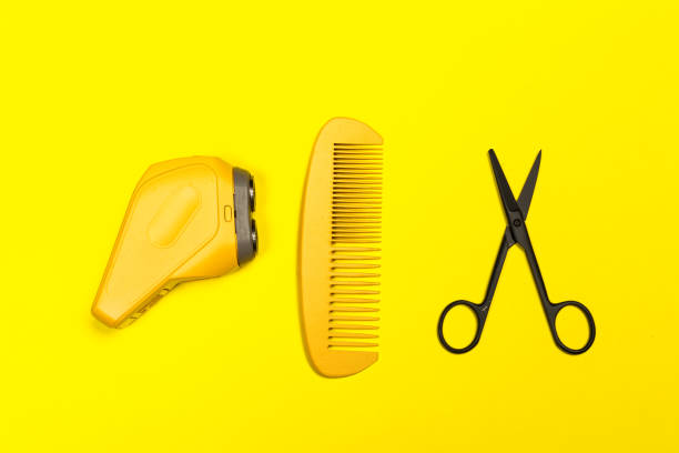 istock Flat lay composition with professional hairdresser tools on color background 1026448340