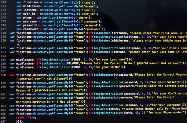 Desktop source code and Wallpaper by Computer language with coding and programming. Desktop source code and technology background, Developer or programer with coding and programming, Wallpaper by Computer language and source code, Computer virus and Malware attack. html stock pictures, royalty-free photos & images