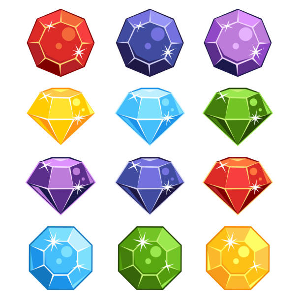 ilustraciones, imágenes clip art, dibujos animados e iconos de stock de conjunto de piedras preciosas de la historieta en diferentes colores y formas para un juego - gem jewelry hexagon square