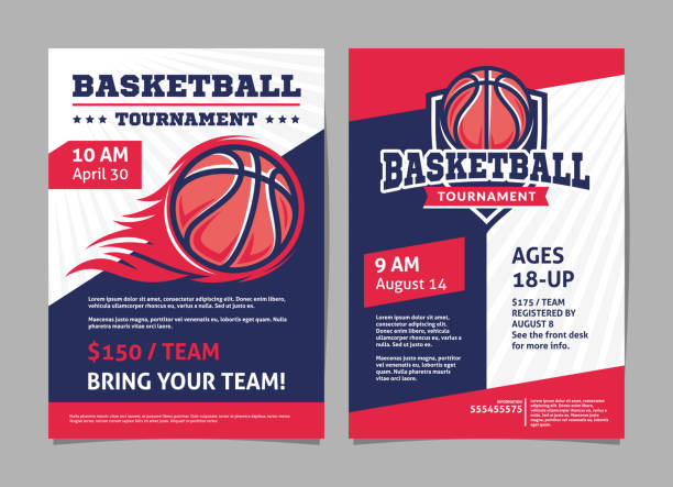 illustrazioni stock, clip art, cartoni animati e icone di tendenza di poster del torneo di basket, volantino con palla da basket - design vettoriale modello - basketball competitive sport ball sport