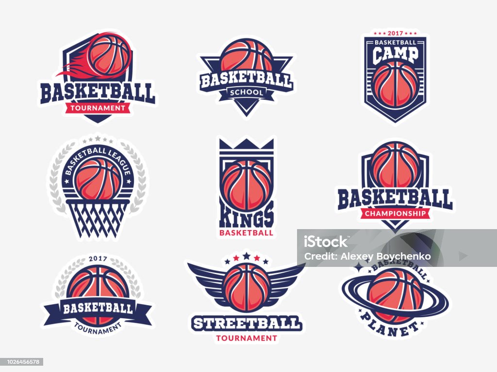 Logo basket, collezioni di set di emblemi, modelli di disegni su sfondo chiaro - arte vettoriale royalty-free di Basket