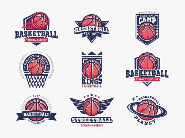 basketbol logo, amblem koleksiyonları, açık renkli tasarımlar şablonları ayarlamak. - basketball stock illustrations