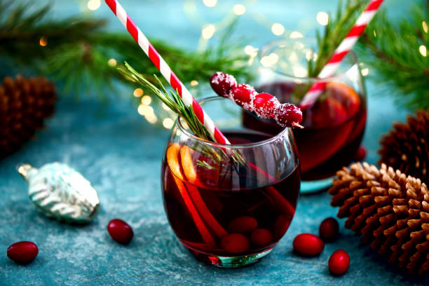 Christmas punch on a winter table Christmas punch on a winter table, front view, festive warming alcohol concept sangria stock pictures, royalty-free photos & images