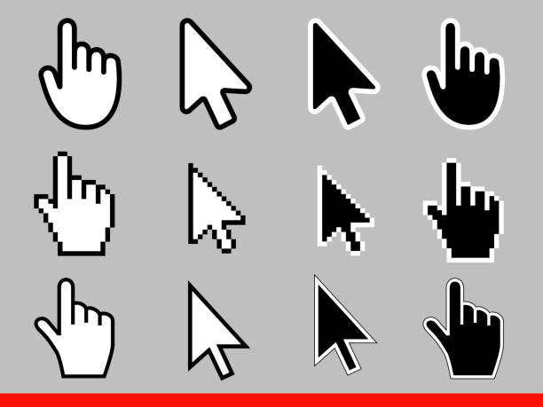weißer pfeil und zeiger hand cursor-icon-set. pixel und moderne version des cursor zeichen. symbole der richtung und berühren die links und drücken sie die tasten isoliert auf grauem hintergrund-vektor-illustration. - computer stock-grafiken, -clipart, -cartoons und -symbole