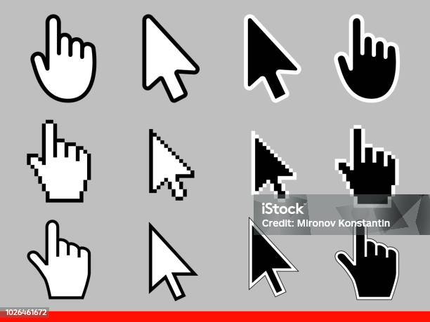 White Arrow And Pointer Hand Cursor Icon Set Pixel And Modern Version Of Cursors Signs Symbols Of Direction And Touch The Links And Press The Buttons Isolated On Gray Background Vector Illustration Stock Illustration - Download Image Now