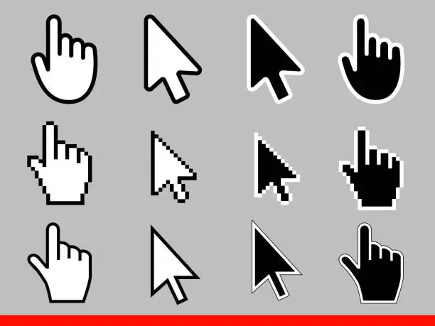 Vector illustration of White arrow and pointer hand cursor icon set. Pixel and modern version of cursors signs. Symbols of direction and touch the links and press the buttons Isolated on gray background vector illustration.