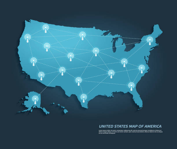 米国の地図は、伝送塔インターネット接続を持っています。技術コンセプト。 - continents travel travel destinations europe点のイラスト素材／クリップアート素材／マンガ素材／アイコン素材