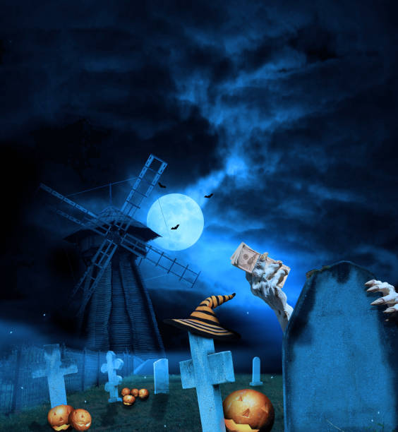 istock Zombie hand in a terrible cemetery.Halloween theme. illustration 1026469354