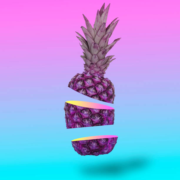 Flying in the air pineapple cutting on slice. Flying in the air pineapple cutting on slice.  Contemporary art collage. Abstract surrealism and minimalism vaporwave photos stock pictures, royalty-free photos & images