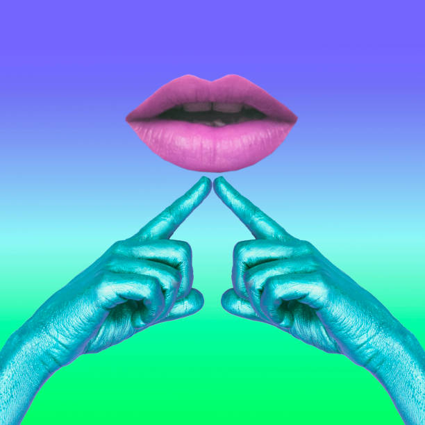 two painted hands point fingers at the lips.