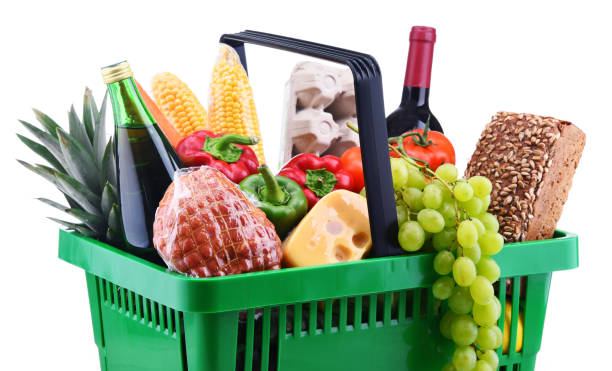 istock Plastic shopping basket with assorted grocery products 1026472408